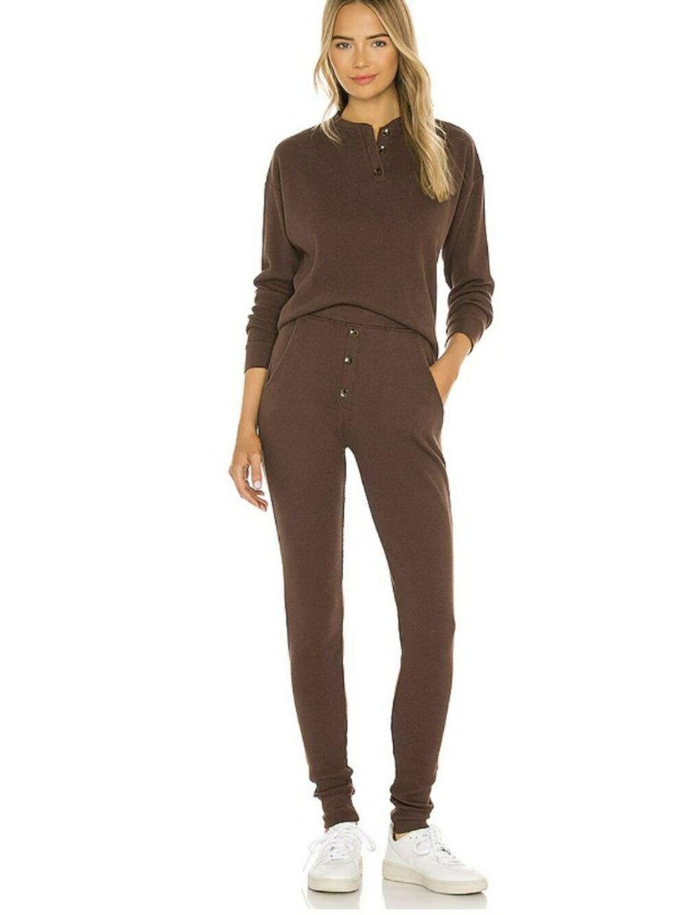 Donni Thermal Henley Chocolate Brown Jogger Pant 1Medium New